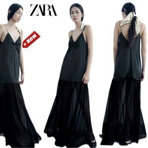 Zara limited edition black silk spaghetti strap V neck pleated maxi dress S NWT
